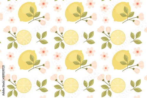 Seamless lemon and flower pattern with leaves, soft pastel citrus botanical surface design, swatch available in swatches panel