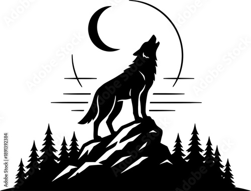Black silhouette of a wolf howling at the crescent moon on a mountain with pines. Wild animal nature landscape. Vector illustration for design, adventure logo, camping banner