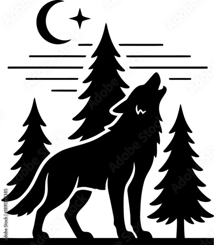 Howling wolf silhouette at night in forest with pine tree, moon, and star. Wild animal concept. Vector illustration for decor, design