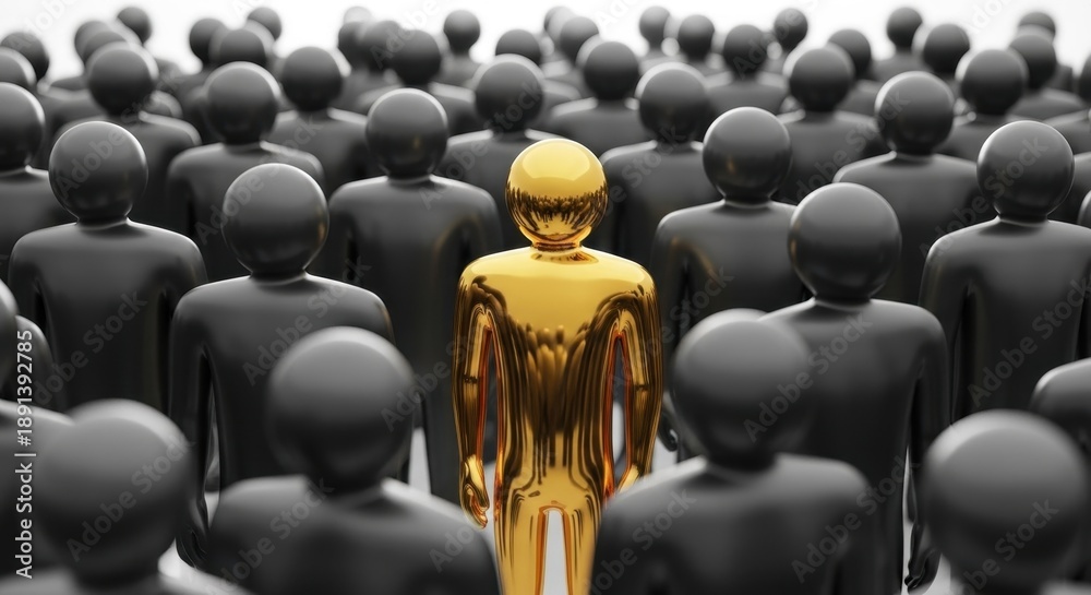 Fototapeta premium Unique Golden Leader Standing Out From Black Crowd 3D Render