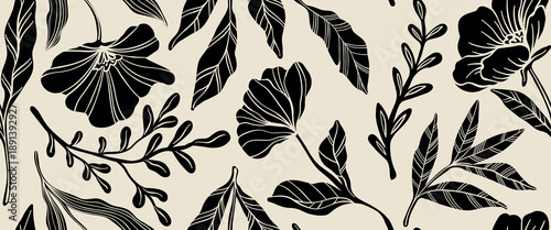 Leaves branch and Hand Drawn simple floral plants banner. seamless pattern. Creative minimalist Abstract art background. Design wall decoration, postcard, poster or brochure