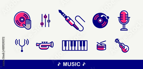 Music and recording studio vector detailed icons set, sound producing and audio engineering bundle, playing instruments.