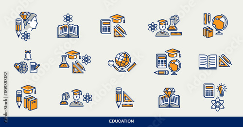  Education vector icons set, university and high school study science, physics and chemistry learning.