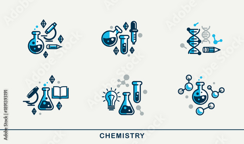 Chemistry vector detailed icons set, science theme, laboratory flasks and microscopic molecules, pharmacology and biochemistry.