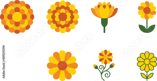 Yellow and Orange Flower Collection in Flat Vector Style
