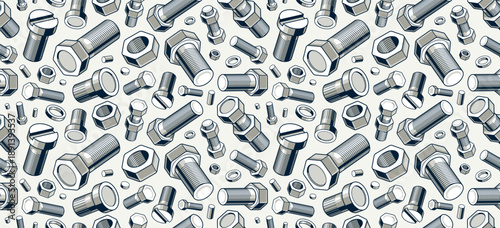 Bolts and nuts seamless background, repair and maintenance workshop tiling wallpaper, mechanic technics service endless pattern, elements easy to use separately.