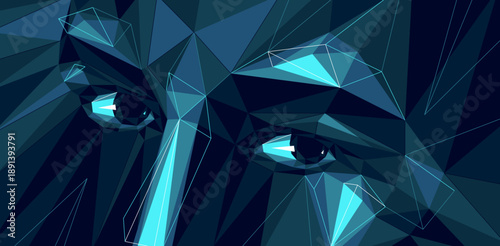 Dark low poly face vector illustration, polygonal design of a boy male face in annihilation, technology and science, kid face eyes looking at camera.