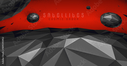 Low poly illustration of a planet terrain with satellites flying in space, vector wallpaper art of sci-fi astronomy, science fiction background