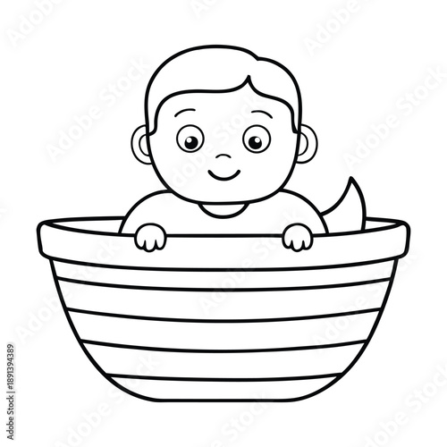 Gentle scene of baby Moses resting in a woven basket, floating on calm river waters, surrounded by reeds and soft light, symbolizing hope, faith, and divine protection.
