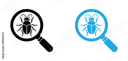 illustration of looking for a beetle, solid icon. Magnified beetle under black and blue magnifying glasses. 