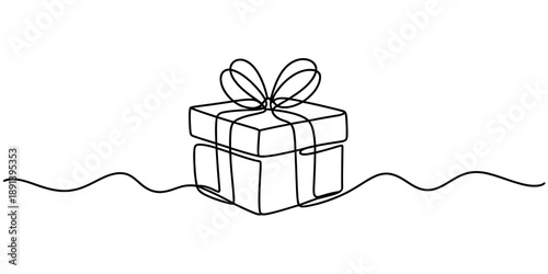 Minimalist single line drawing of a gift box with a bow Vector, illustration