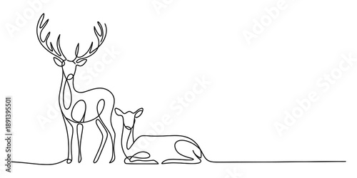 Elegant one line drawing of a majestic deer and a resting fawn Vector, illustration