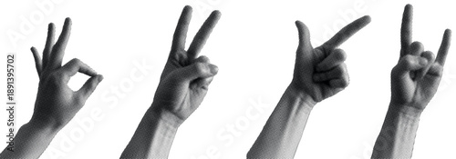 Halftone style collage with various hand gestures and geometric shapes. Trendy abstract design with pointing and ok sign hand.