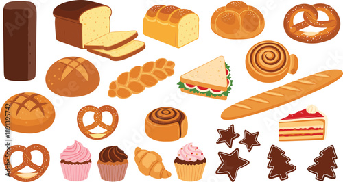 Bakery food vector set with bread, buns, pretzels, croissant, cupcakes, cake slice and pastry illustration collection