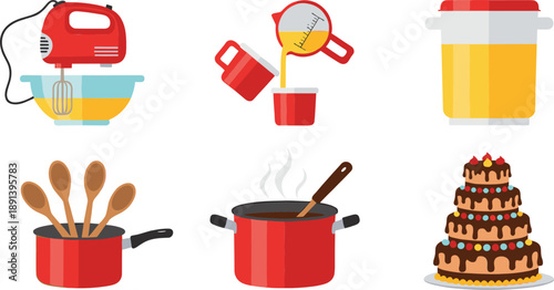 Baking and cooking kitchen equipment vector set with mixer, measuring cup, saucepan, pot and cake illustration