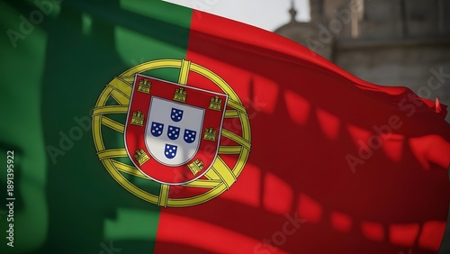 Waving Portuguese flag with historic architecture background