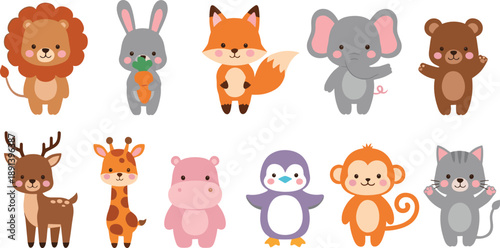 Cute animal cartoon character vector set with lion, bunny, fox, elephant, bear, deer and penguin illustration