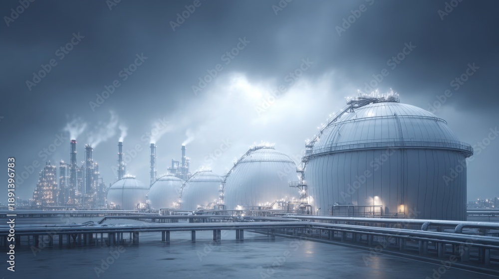 Fototapeta premium Massive industrial gas processing plant with large spherical storage tanks under a cloudy sky
