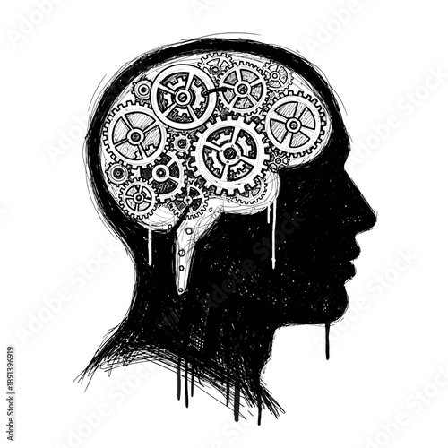 Human Head with Gears and Cogs, Mechanical Brain, Isolated on White and Symbolizing Innovation