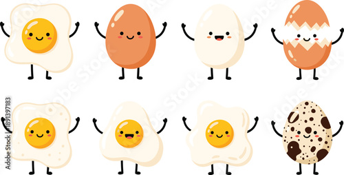 Cute egg cartoon character vector set with fried eggs, boiled eggs and cracked shell breakfast illustration