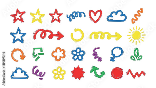 Colorful Embellishments Collection: A vibrant assortment of hand-drawn shapes and icons, each one bursting with character and crafted with a playful touch.