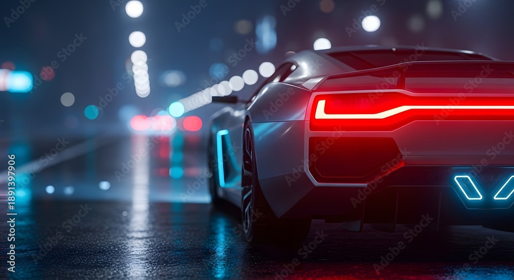 Naklejka premium Modern supercar with glowing blue and red lights on a night road. Performance driving and automotive engineering. White sport car rear view showing exhaust and lights in foggy city