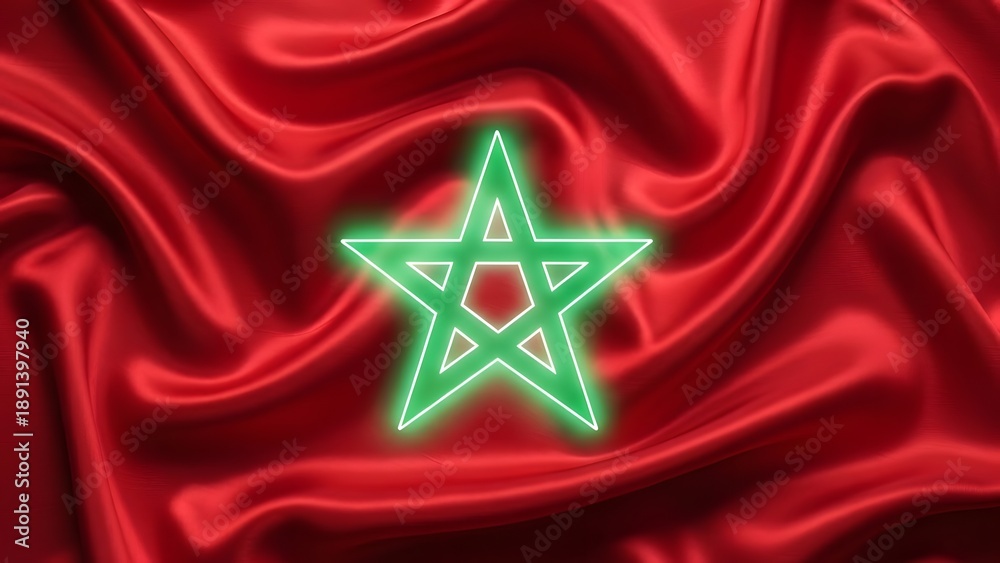 Naklejka premium Moroccan flag waving with green pentagram on red silk background