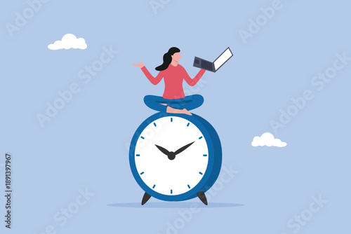 Young lady woman working with laptop while doing yoga or meditation on clock face, flexible working hours, work life balance or focus and time management while working from home concept.