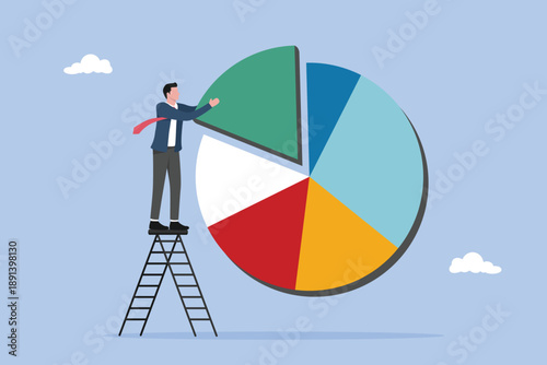 Businessman investor or financial planner standing on ladder to arrange pie chart as rebalancing investment portfolio to suitable for risk and return, investment asset allocation and rebalance concept