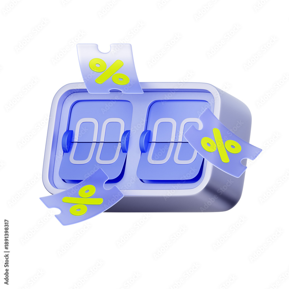 Obraz premium 3D icon of a blue flip clock with floating discount coupons For flash sale event, limited time offer, marketing countdown, and promotional deadline.