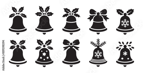Set of black christmas bell icons on white background, decorated with bows and holly leaves