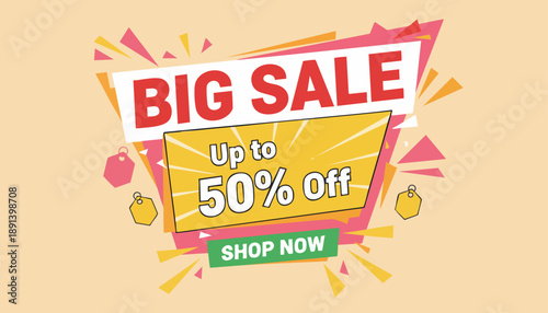 Vibrant sale banner with discount offer up to 50 percent off, shopping invitation from overhead view