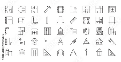 Architecture icon set with building plans construction tools engineering symbols and historic columns