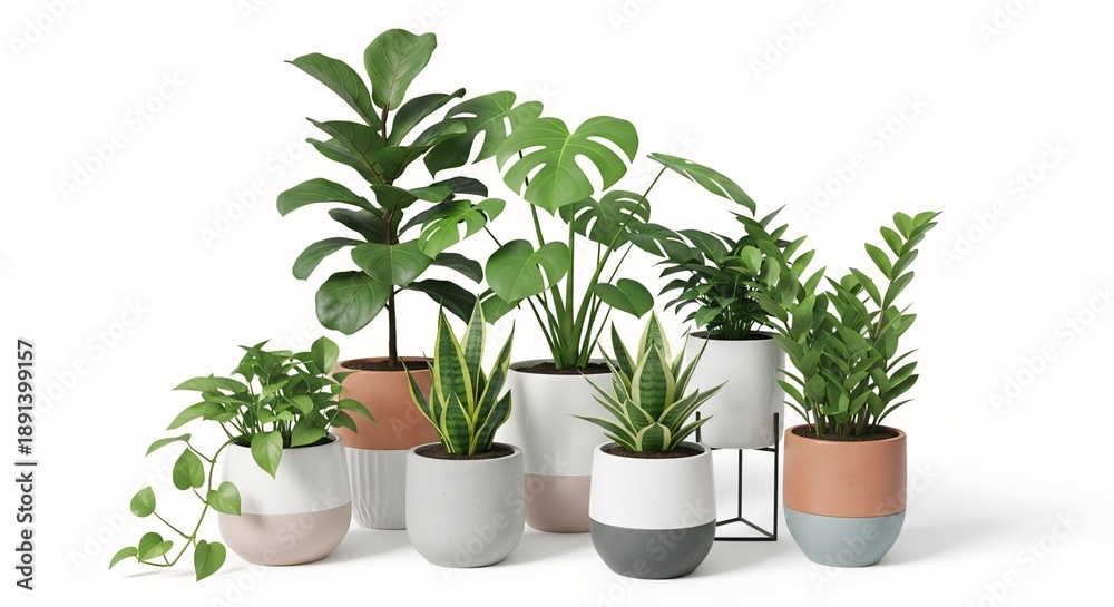 Fototapeta premium Collection of various potted houseplants including Monstera and Snake Plant in modern ceramic pots for home decor and interior design isolated on white