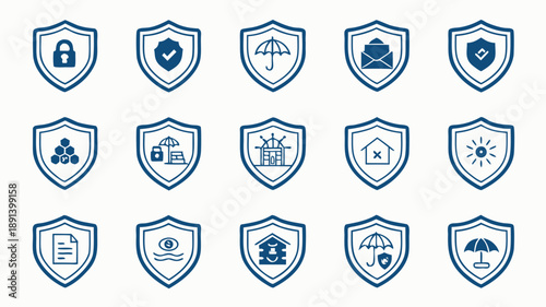 A 4x4 grid of blue shield icons with various white symbols representing security and protection concepts