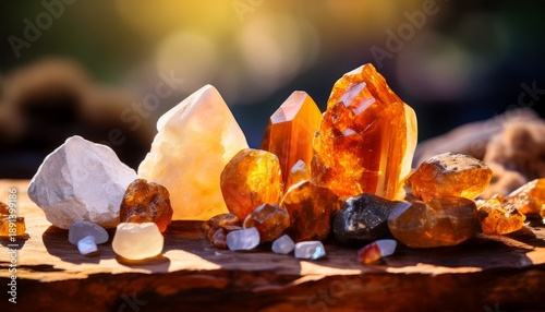 Dynamic Display Of Various Minerals And Crystals Including Salt Quartz And Amber Against Blurred Background Symbolizing Critical Mineral Supply Chain