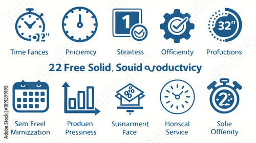 Collection of solid icons representing business productivity and efficiency in a flat design style for professional services