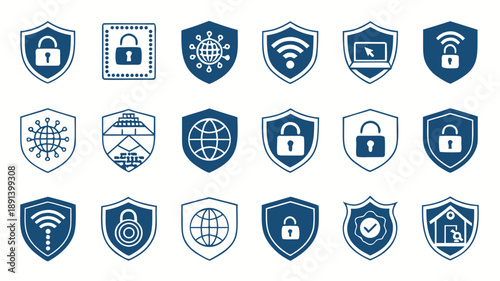 Collection of cyber security icons including shields and locks, representing online safety and protection, in a grid layout, digital illustration, cybersecurity concept