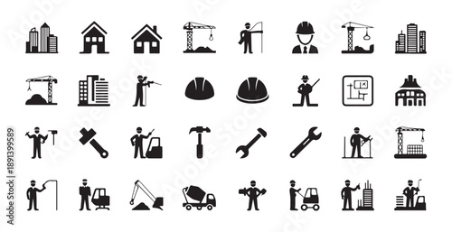 Set of construction icons, building silhouettes, construction worker solid icon, fill style
