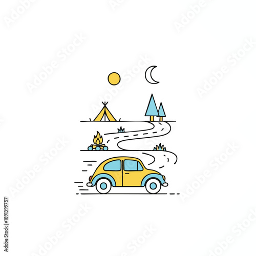 Yellow Car on a Camping Trip Under Starry Sky