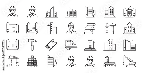 Construction and architecture icons featuring builders, buildings, blueprints, tools, and site elements
