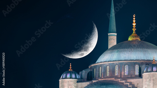 Ramadan or islamic concept image. Blue Mosque with crescent moon