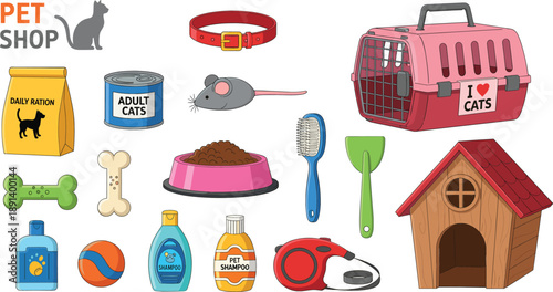 Pet shop vector set with cat food, carrier, collar, toys, grooming supplies and animal accessories illustration