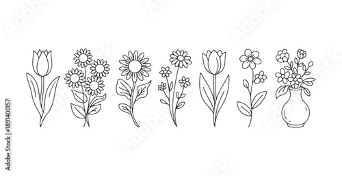 Minimalist line art collection of blooming flowers and floral arrangements in a vase