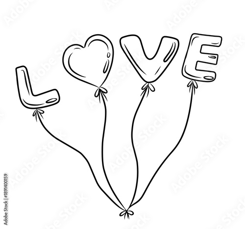 Love Balloons Line Art Drawing Heart Shaped Letter Balloons Romantic Celebration Doodle
