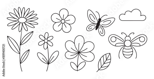 Spring summer nature design elements, hand drawn outline flowers, butterflies, bees, leaves, cloud