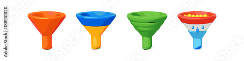 Collection of colorful funnels used for filtering and separation processes