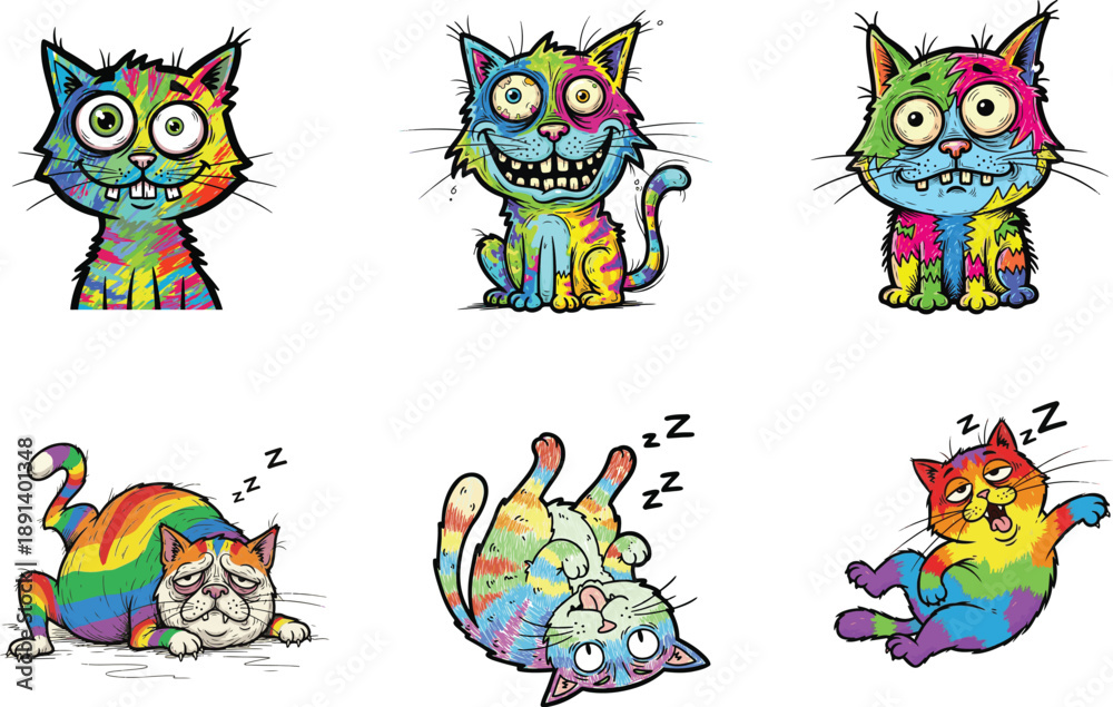 Fototapeta premium A vibrant collection of unique cartoon cat illustrations, each radiating a spectrum of playful emotions and embodying a lively artistic concept with whimsical charm