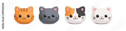 Collection of four adorable cartoon cat faces with different fur colors and patterns