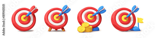 Collection of cartoon targets with darts hitting the bullseye, symbolizing success